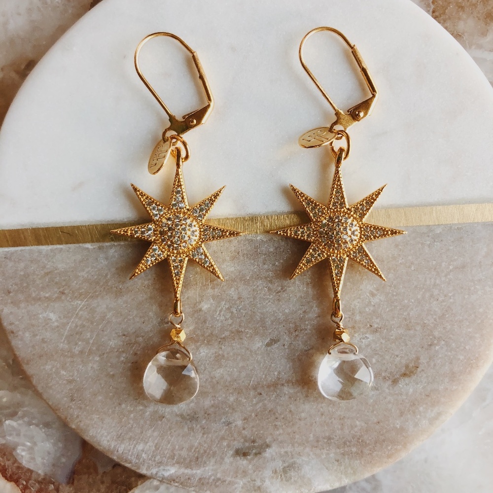 Star ⭐️ Drop Earrings w Crystal Gold Clear Quartz